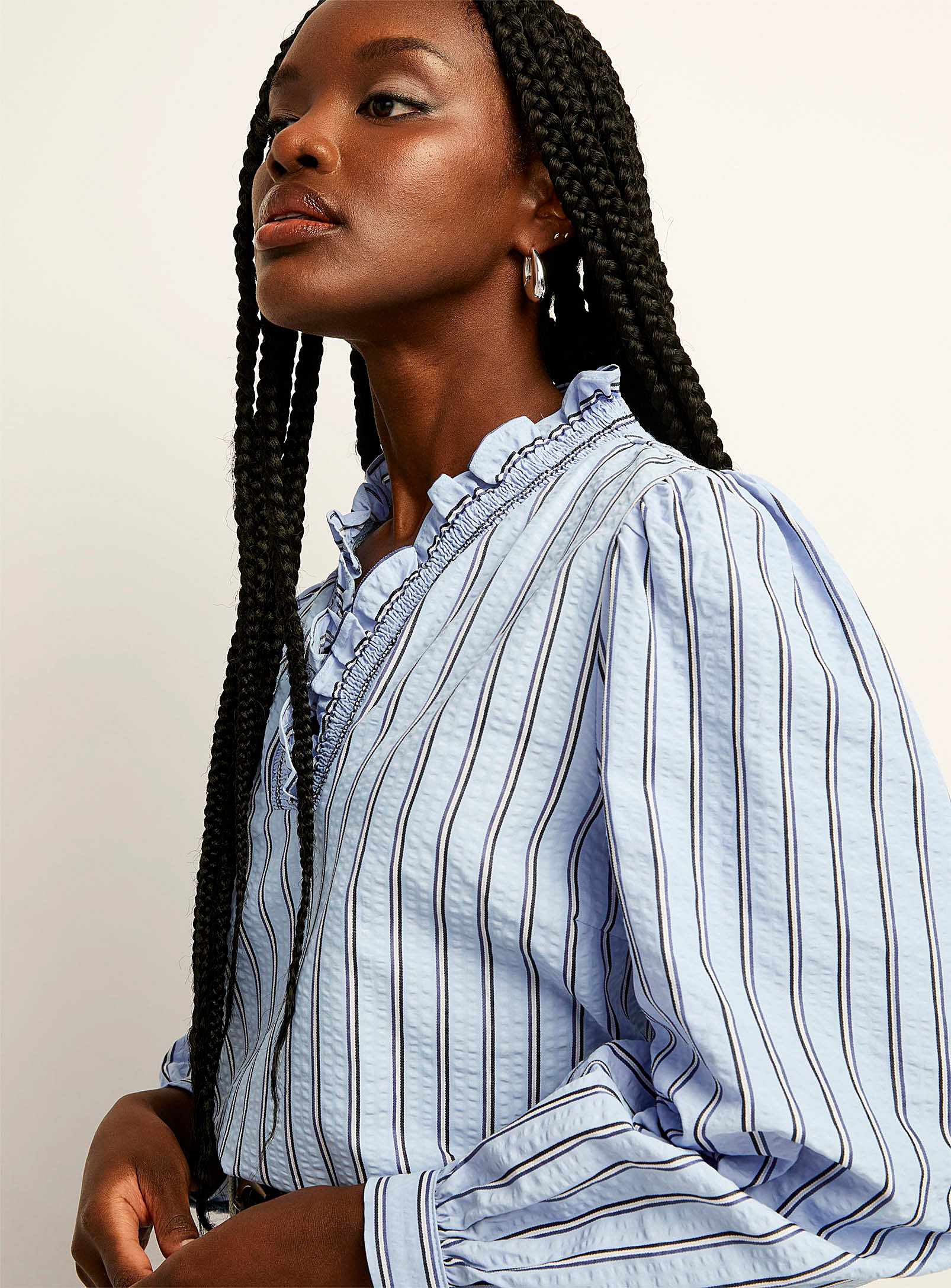 ICHI - Women's Ruffled neckline striped loose blouse