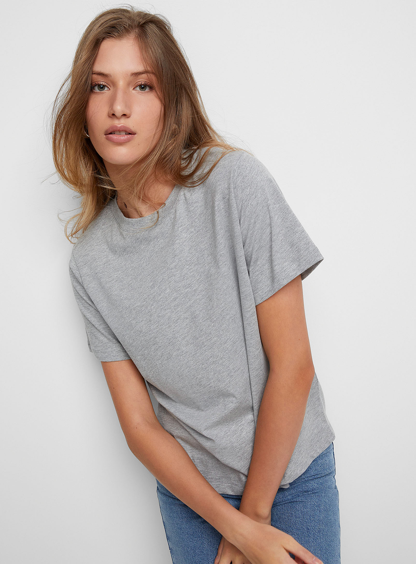 Ichi Pure Cotton Plain Loose T-shirt In Grey