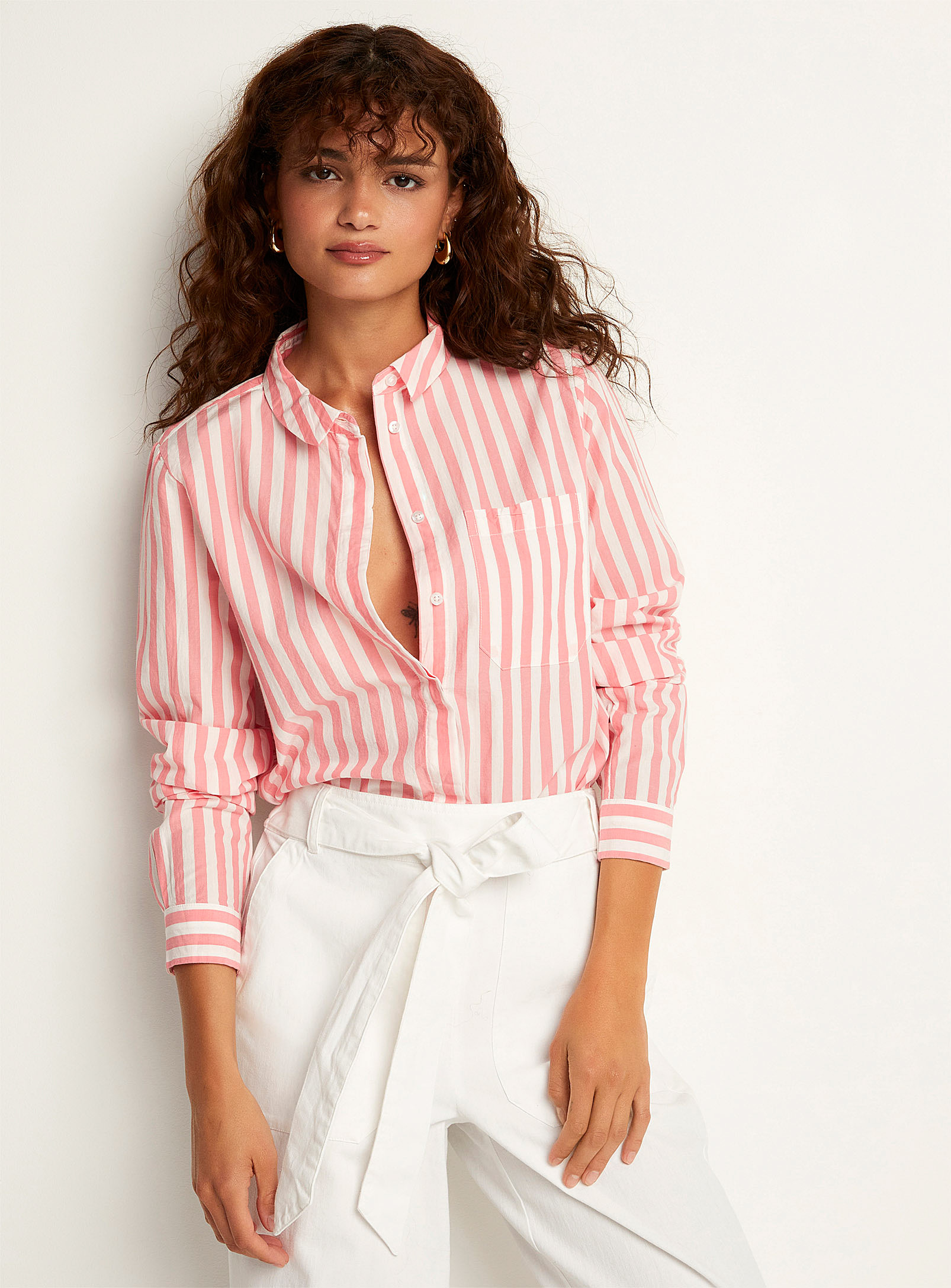 Ichi Salmon Stripes Patch Pocket Blouse In Pink