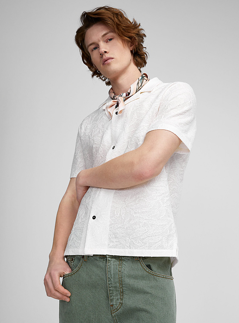 Native Youth White Leafy lace camp shirt for men