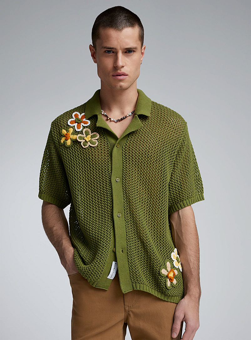Native Youth Mossy Green Knitted-flower crochet shirt for men