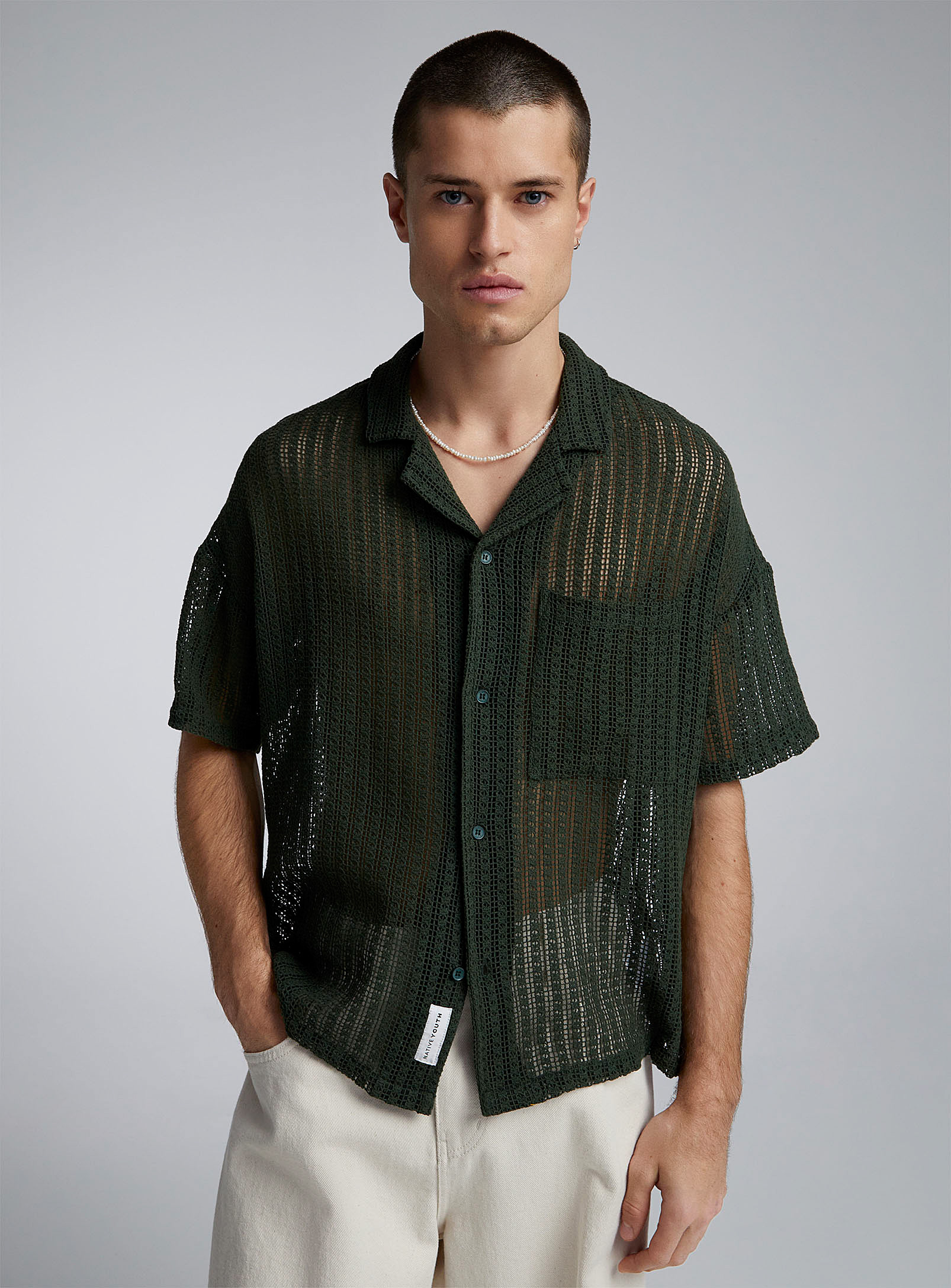 Native Youth Openwork-stripe Knit Shirt In Green