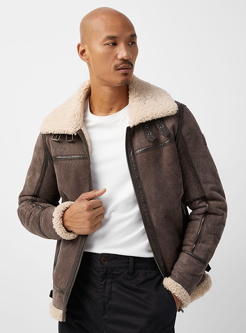 Le 31 Brown Sherpa-lined leather jacket for men
