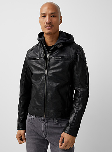 Le 31 Black Hooded leather jacket for men
