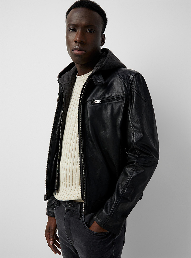 Le 31 Black Removable hood leather jacket for men