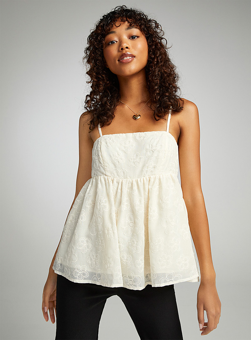 Twik Ivory White Embroidered flowers babydoll cami for women