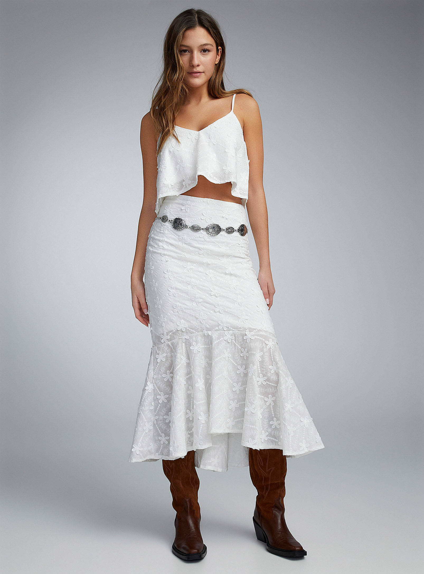 Twik Embroidered Flowers Ruffled Skirt In White