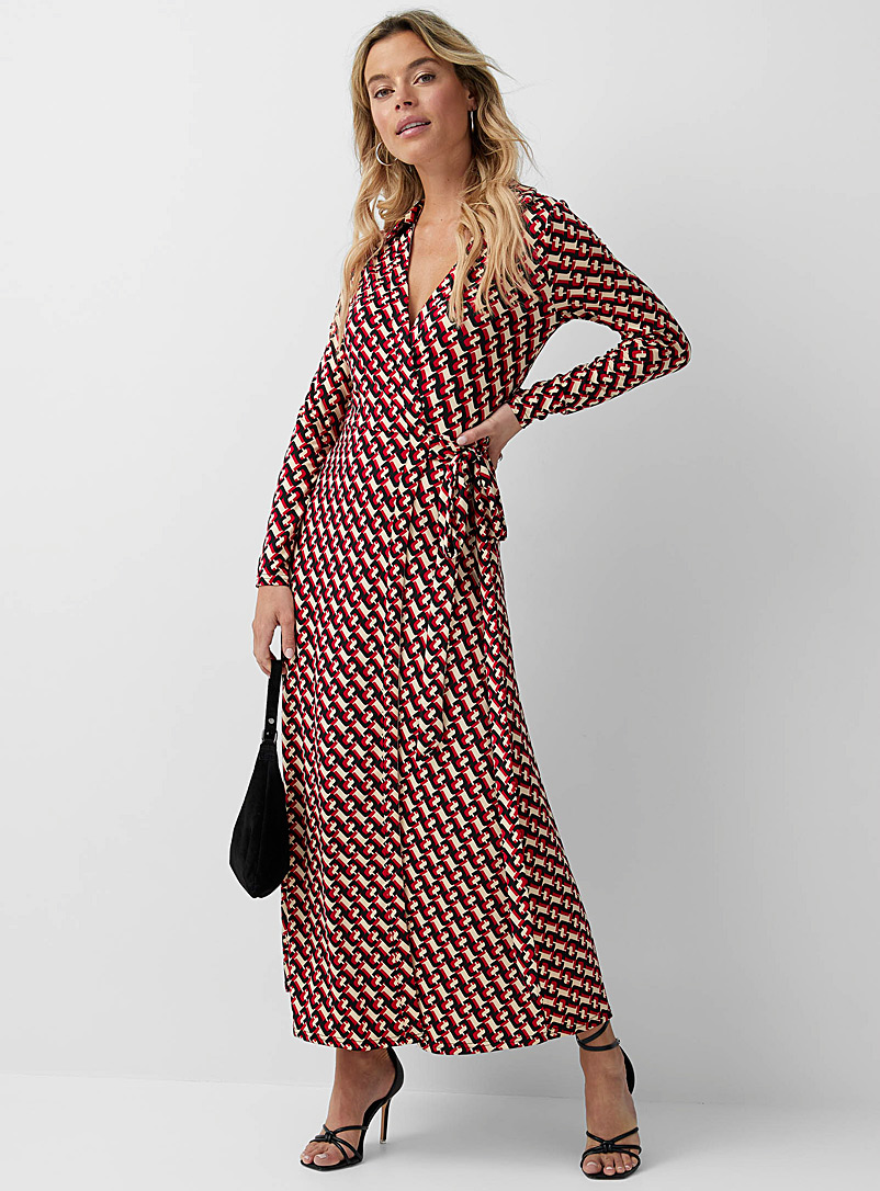 Icône Patterned Red Retro print wrap dress for women