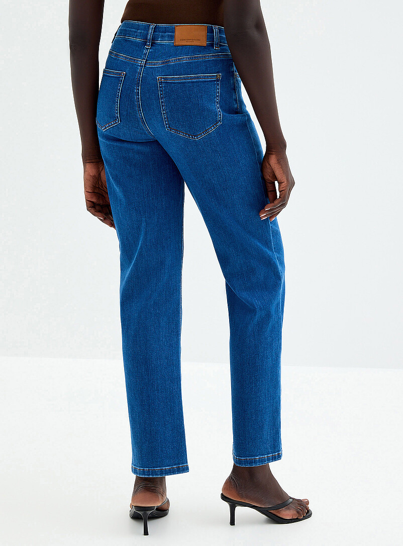 Medium-indigo stretch jean Fit: Straight leg, high rise