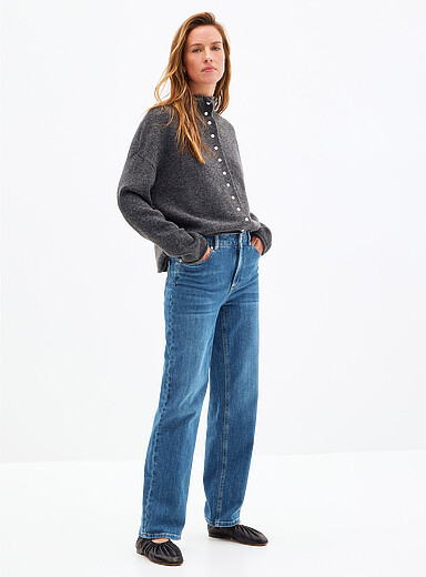 Contemporaine: Le jean extensible indigo moyen <b>Coupe : jambe droite, taille mi-haute</b> Bleu pour femme