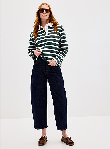Contemporaine: Le jean marine uni <b>Coupe : jambe ballon, taille haute</b> Bleu marine - Bleu nuit pour femme