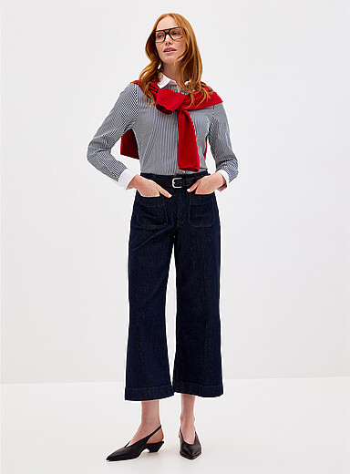 Contemporaine: Le jean indigo fonc&eacute; poches plaqu&eacute;es <b>Coupe : jambe large, taille mi-haute</b> Bleu marine - Bleu nuit pour femme