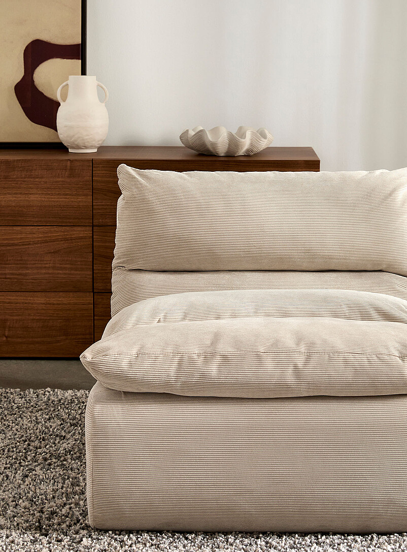 Norka Living: Le fauteuil modulable mousse haute densit&eacute; velours c&ocirc;tel&eacute; Ivoire - Beige cr&egrave;me