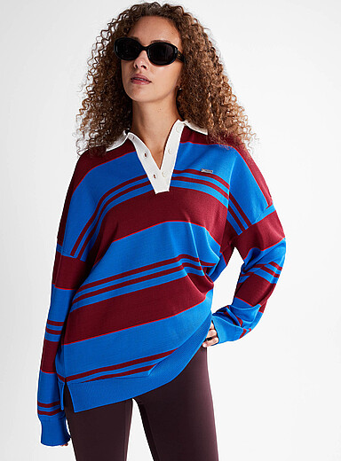 P.E Nation Blue Strata striped loose Rugby polo for women