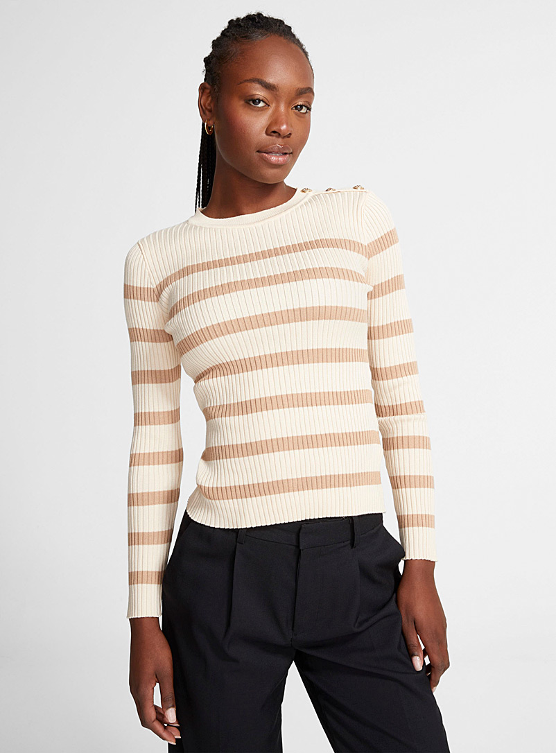 Icône Beige Buttoned-shoulder striped sweater for women
