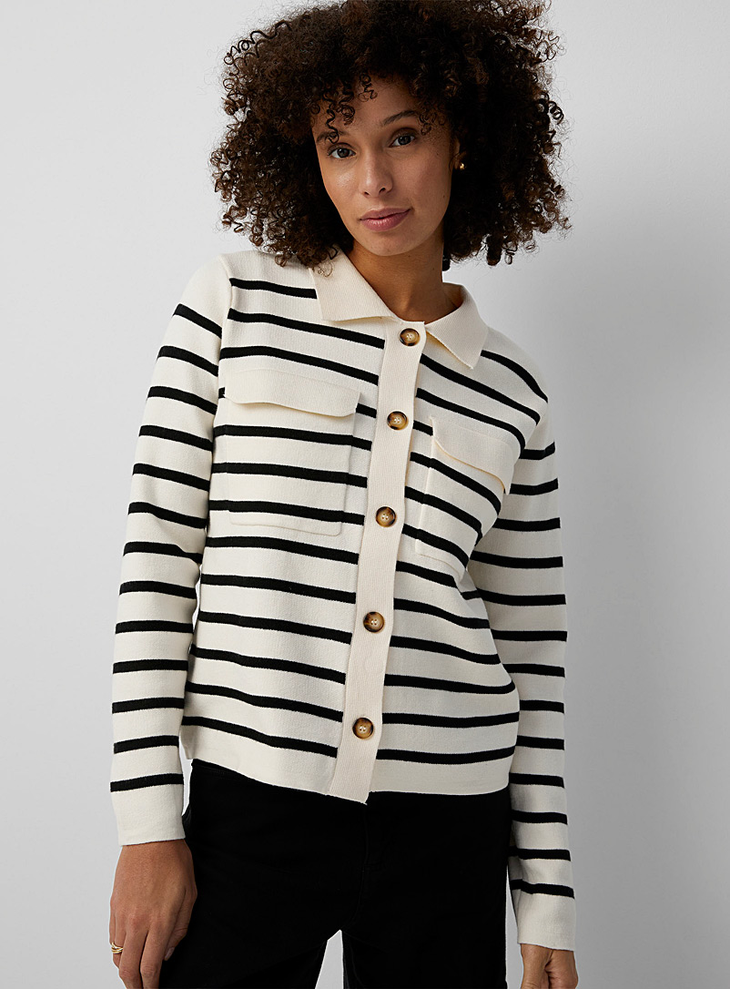 Contemporaine Ivory White Contrasting stripes polo cardigan for women