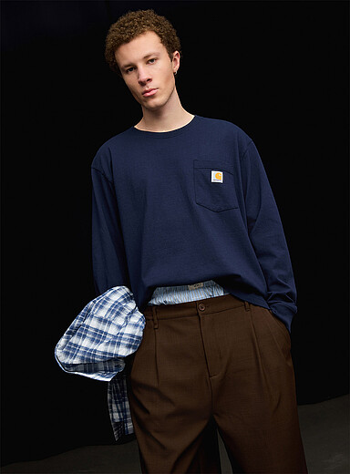 Carhartt Navy/Midnight Blue Logo pocket long-sleeve T-shirt for men