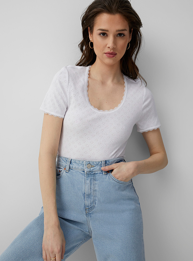 Icône White Lace trim pointelle T-shirt for women