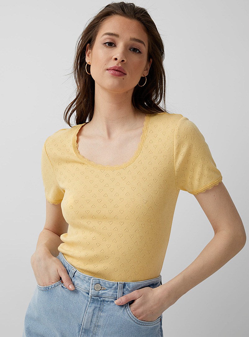 Icône Golden Yellow Lace trim pointelle T-shirt for women