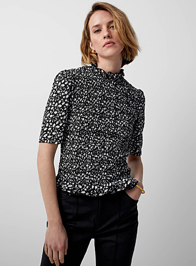 Contemporaine Black and White Smocked peplum print T-shirt for women