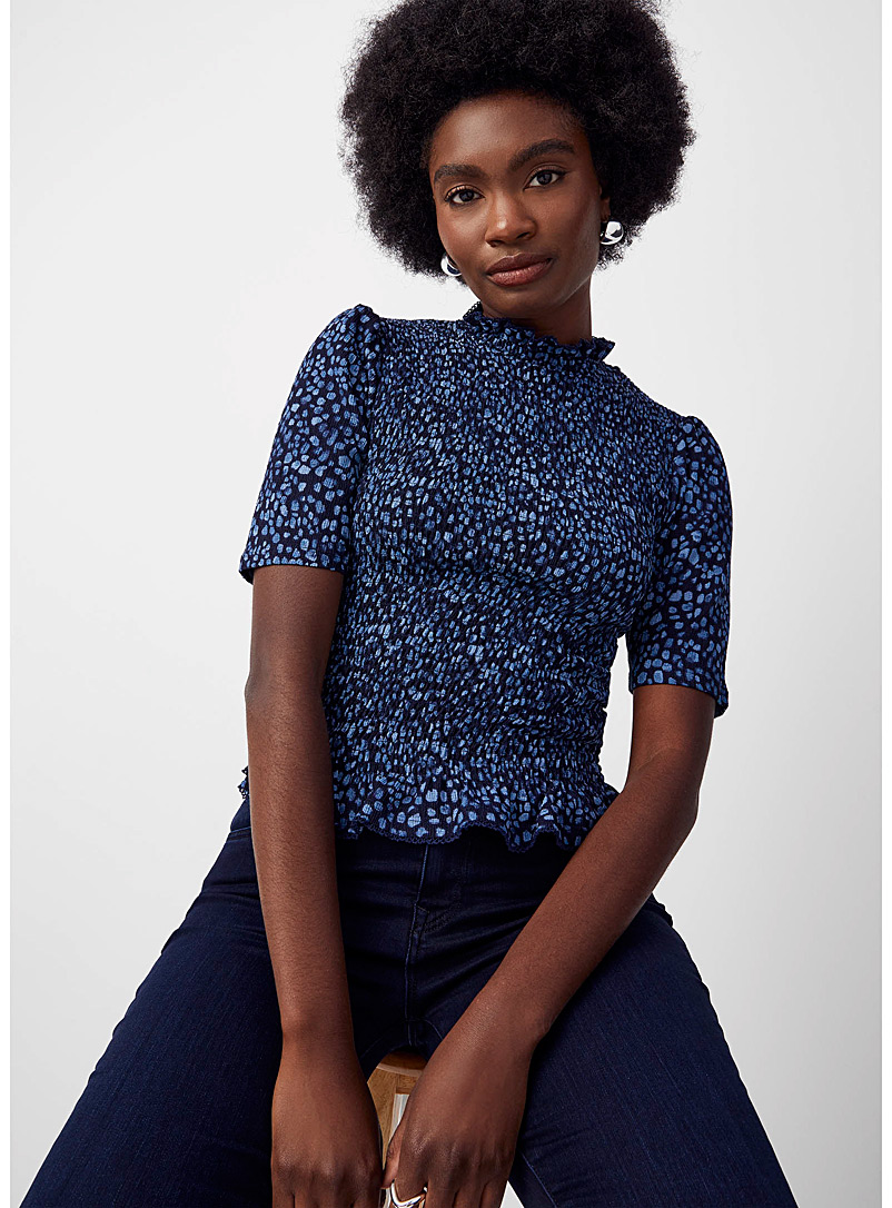 Contemporaine Patterned Blue Smocked peplum print T-shirt for women