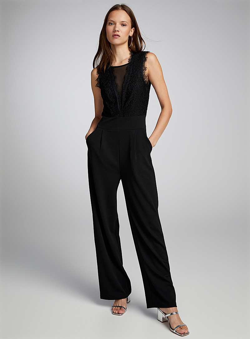 Twik Black Lace-top wide-leg jumpsuit for women