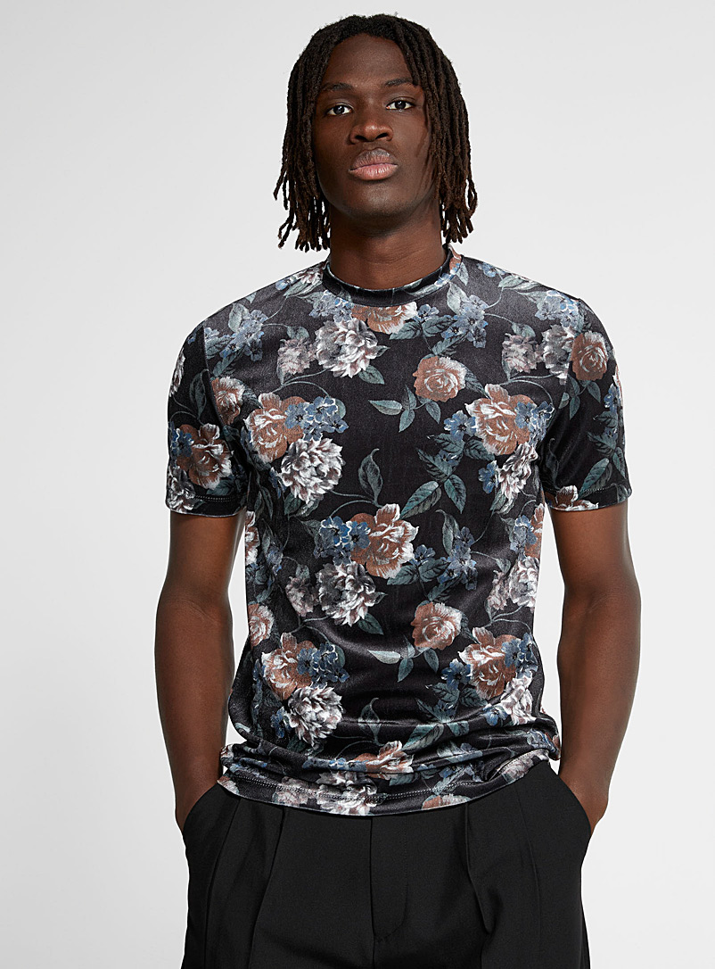 Le 31 Patterned black Floral velvet T-shirt for men