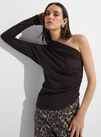 Ic&ocirc;ne: Le t-shirt une manche longue taille drap&eacute;e Chocolat - Espresso pour femme