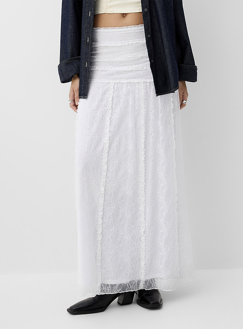 Ic&ocirc;ne Teal Ruffled stretch lace maxi skirt for women