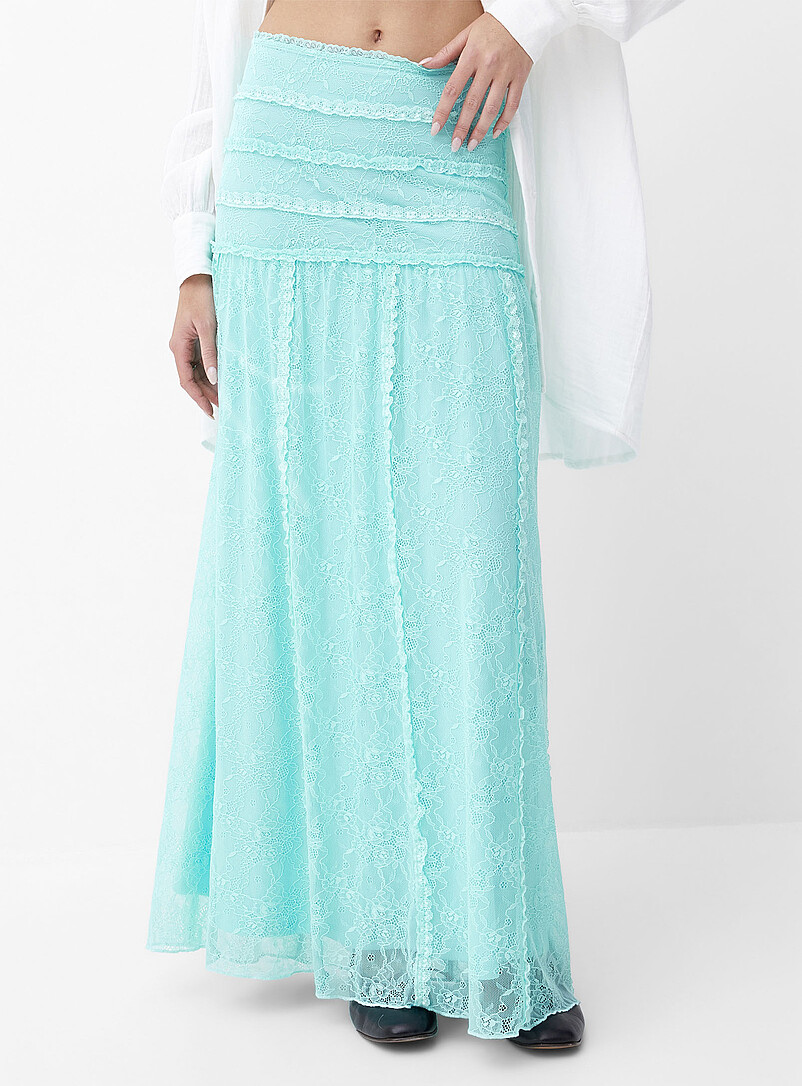 Ic&ocirc;ne Teal Ruffled stretch lace maxi skirt for women