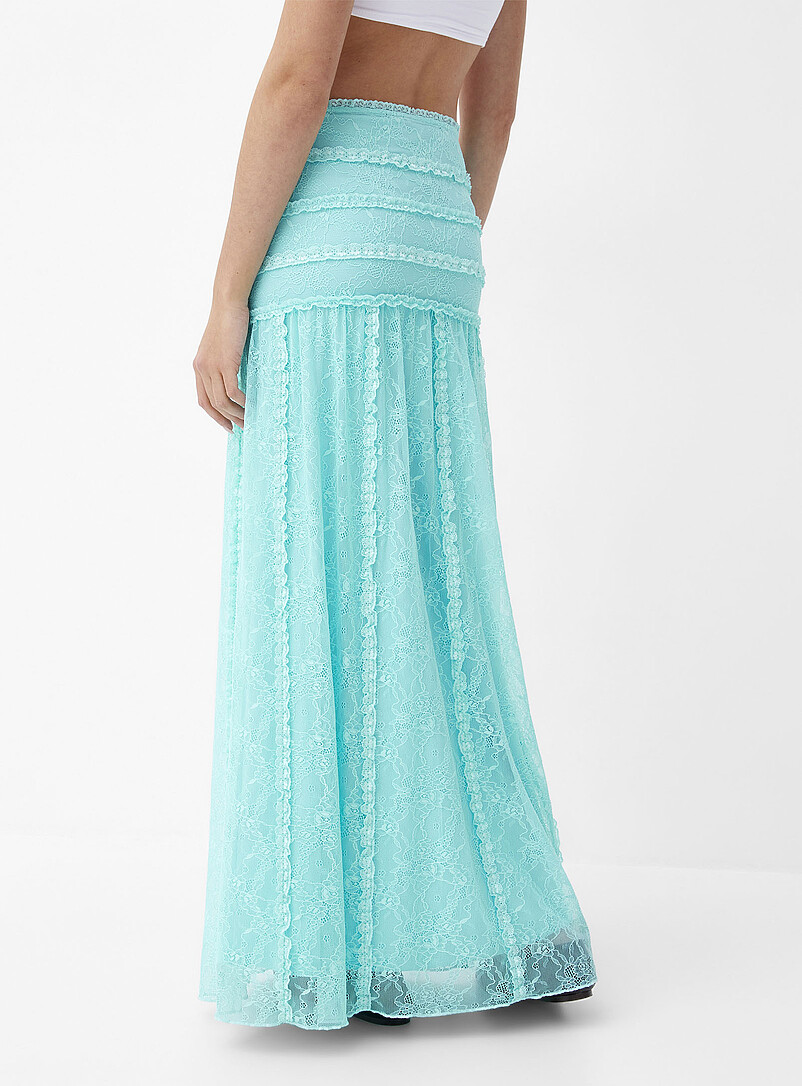 Ic&ocirc;ne Teal Ruffled stretch lace maxi skirt for women