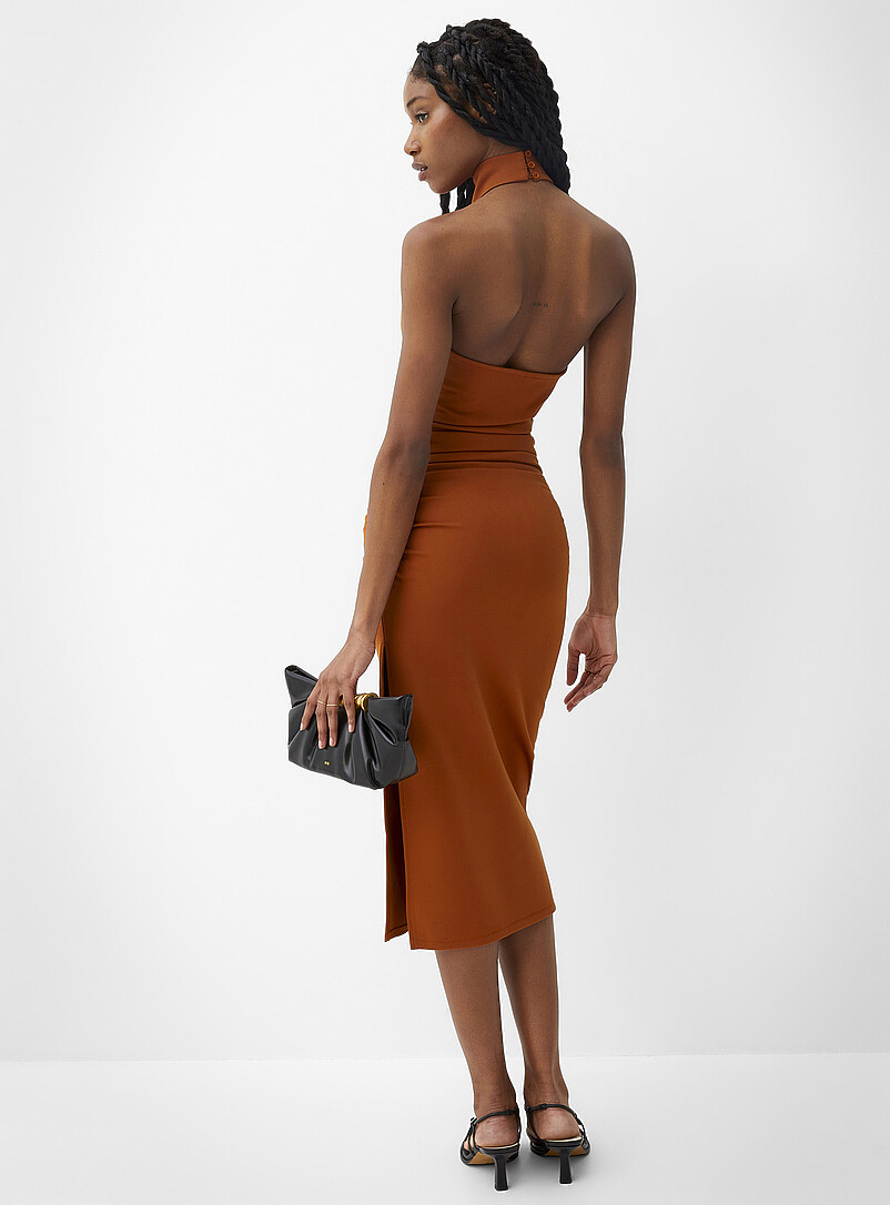 Ic&ocirc;ne: La robe licou taille drap&eacute;e interlock Orange br&ucirc;l&eacute; pour femme