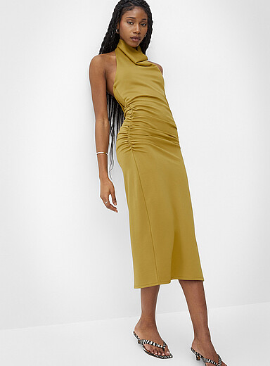 Ic&ocirc;ne: La robe licou taille drap&eacute;e interlock Olive pour femme