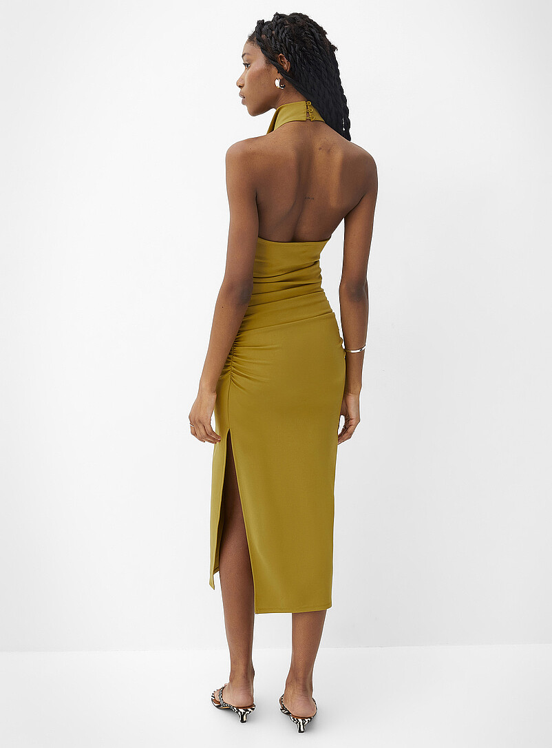 Ic&ocirc;ne Burnt orange Draped-waist halter-neck interlock jersey dress for women
