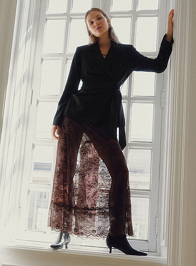Sheer scalloped lace maxi skirt