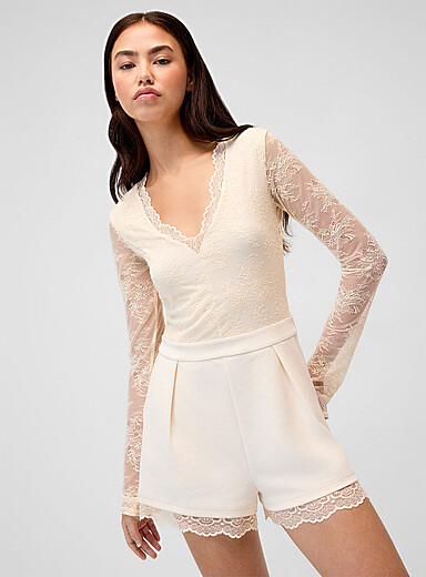 Twik Ivory/Cream Beige Lace V-neck romper for women