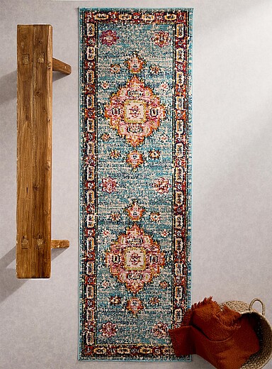 Simons Maison: Le tapis de couloir turquoise m&eacute;daillon g&eacute;o color&eacute; 80 x 250 cm Bleu &agrave; motifs