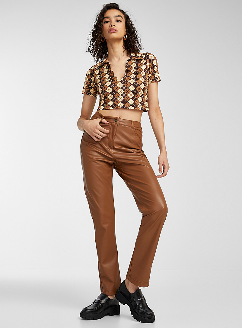 Twik Brown Faux-leather straight pant for women