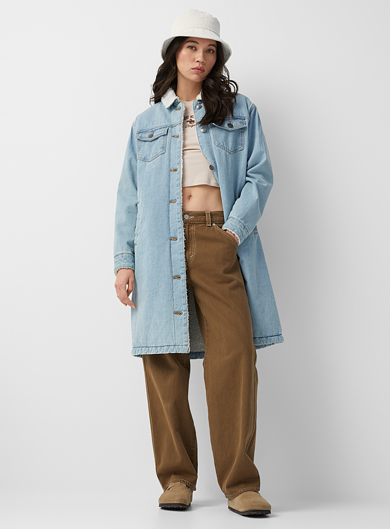 Twik Blue Sherpa lined long trucker jean jacket for women