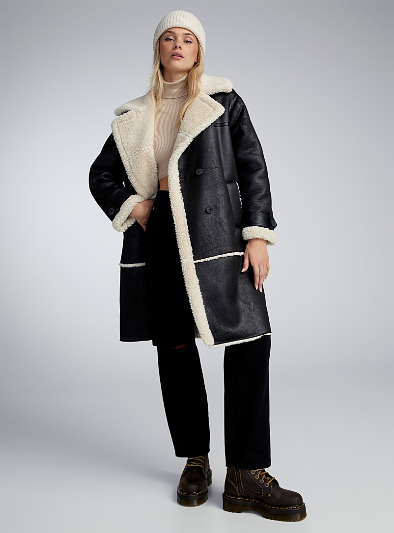 Twik Black Sherpa shearling long jacket for women