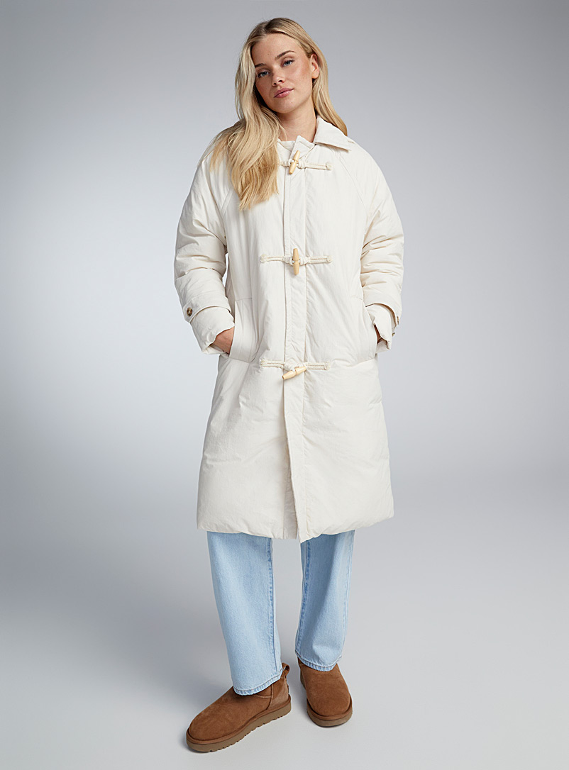 Twik Ivory White Long toggle puff jacket for women