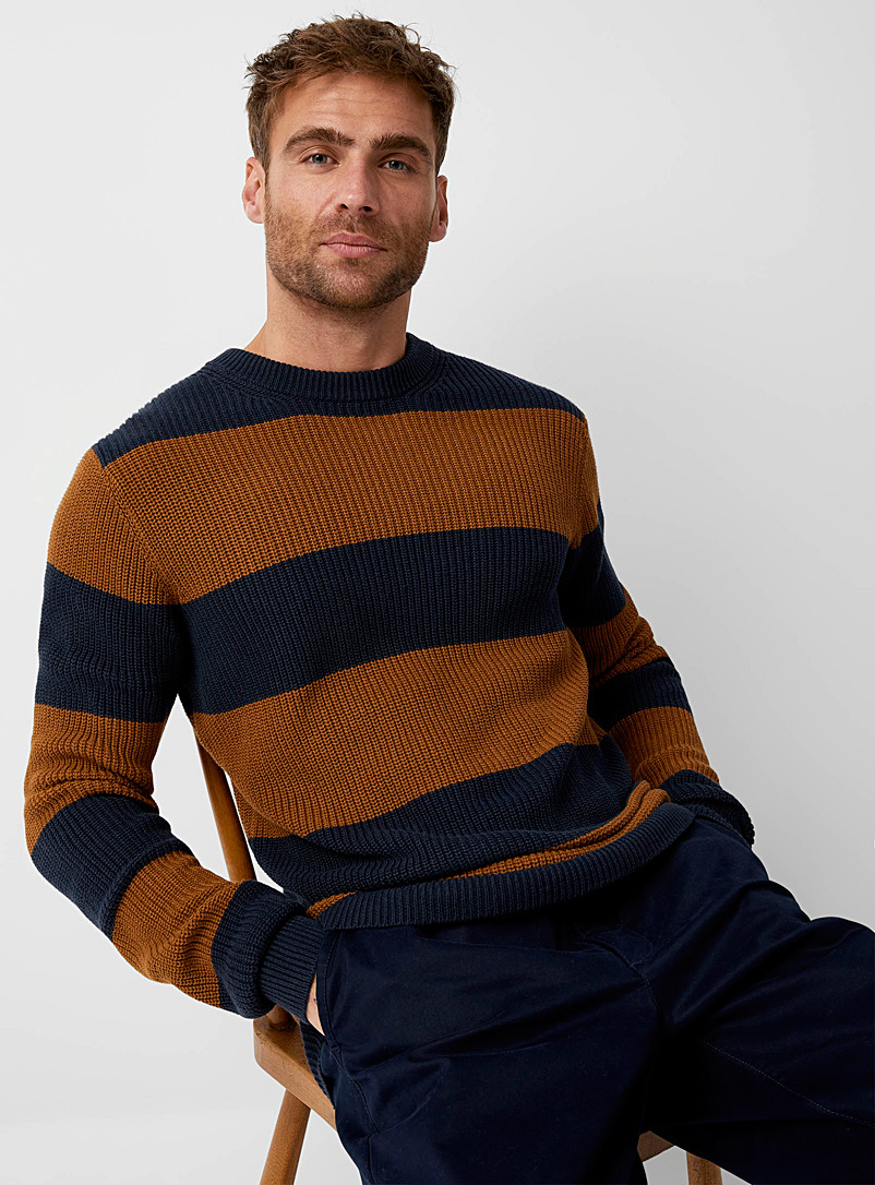 Le 31 Patterned Blue Twin-stripe ribbed sweater for men