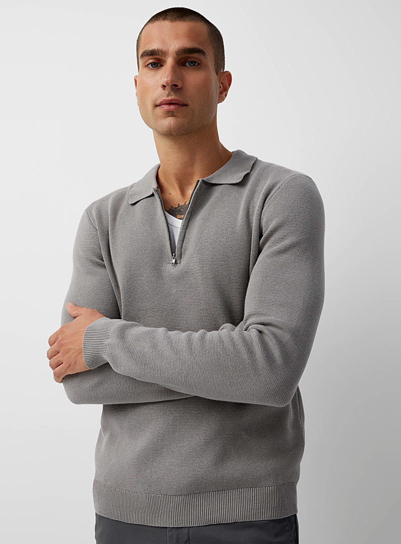 Le 31 Charcoal Zip-up polo-collar monochrome sweater for men
