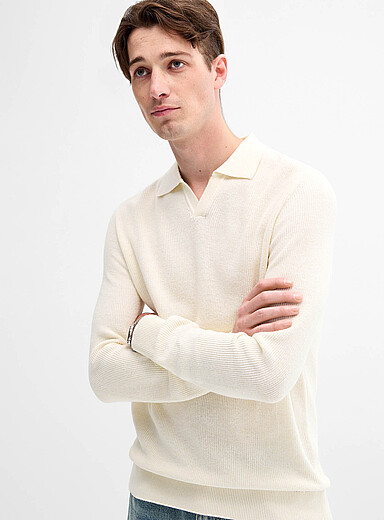 Le 31 White Rib-knit Johnny-collar sweater for men