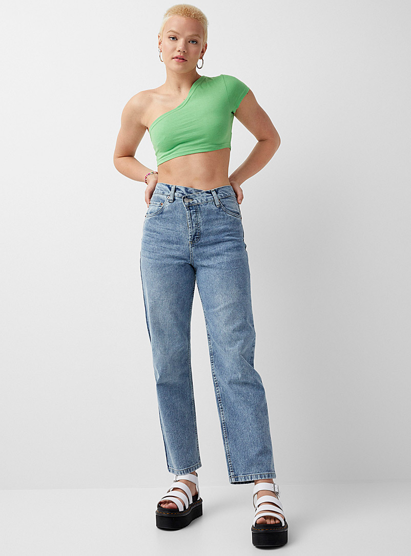 Twik Slate Blue Asymmetrical zipper straight-leg jean for women