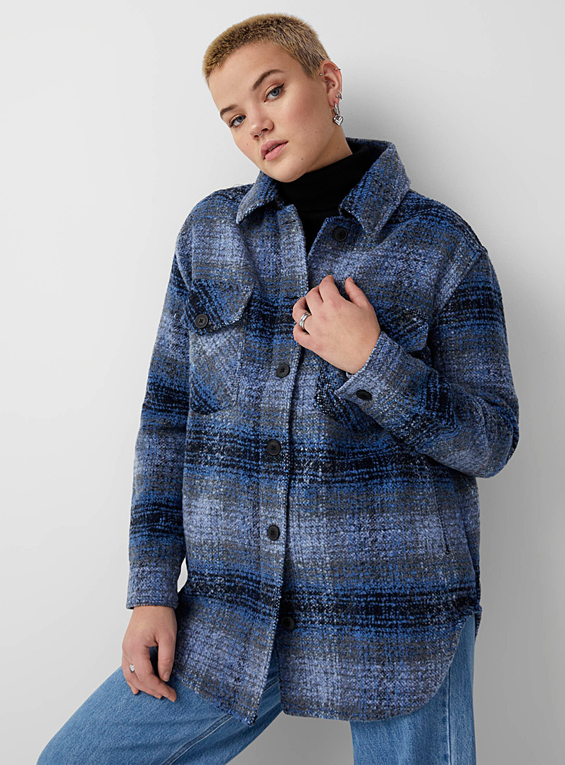Twik Patterned Blue Large checkers brushed overshirt for women