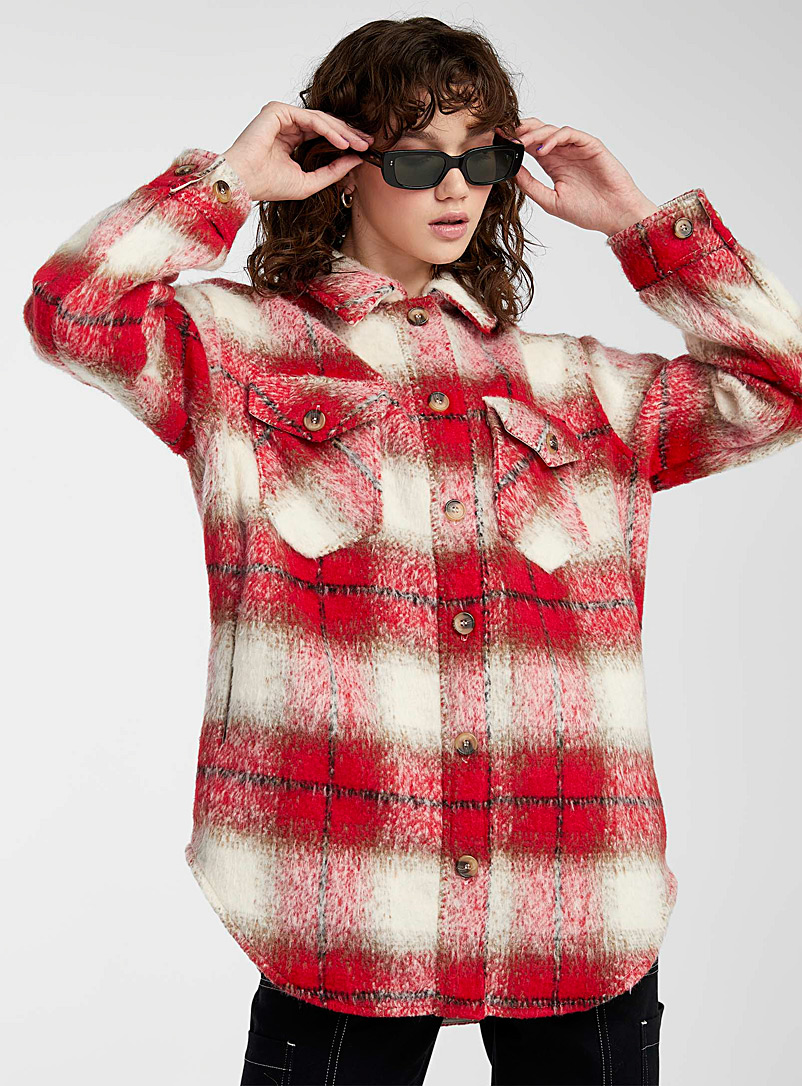 Twik Patterned Red Maple leaf check brushed overshirt for women