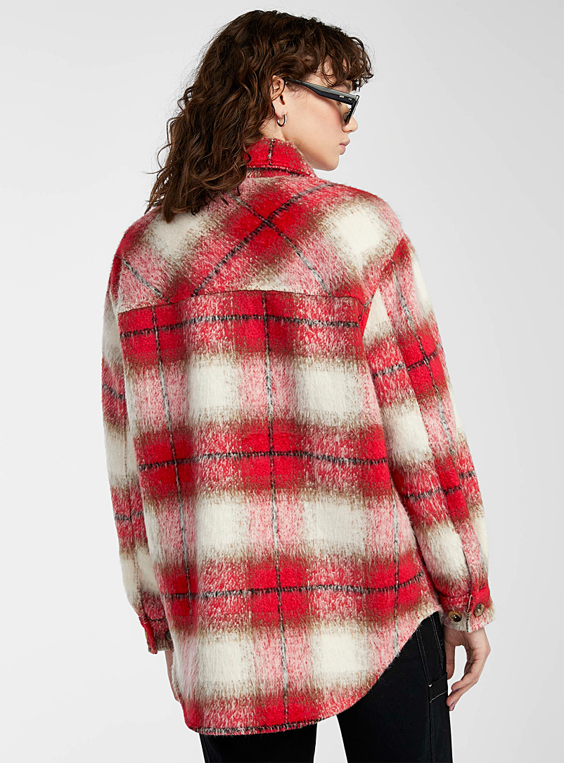 Twik Patterned Red Maple leaf check brushed overshirt for women