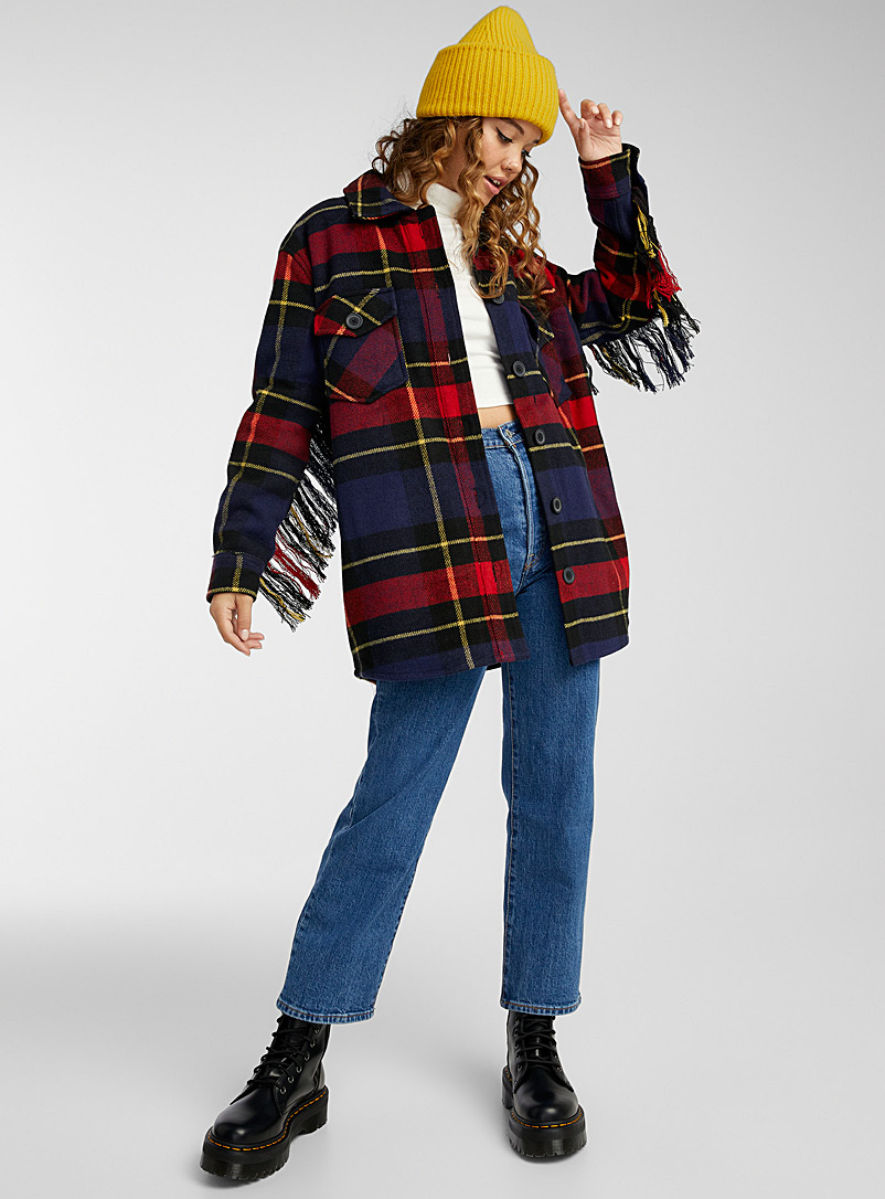 Twik Patterned Red Fringed check overshirt for women