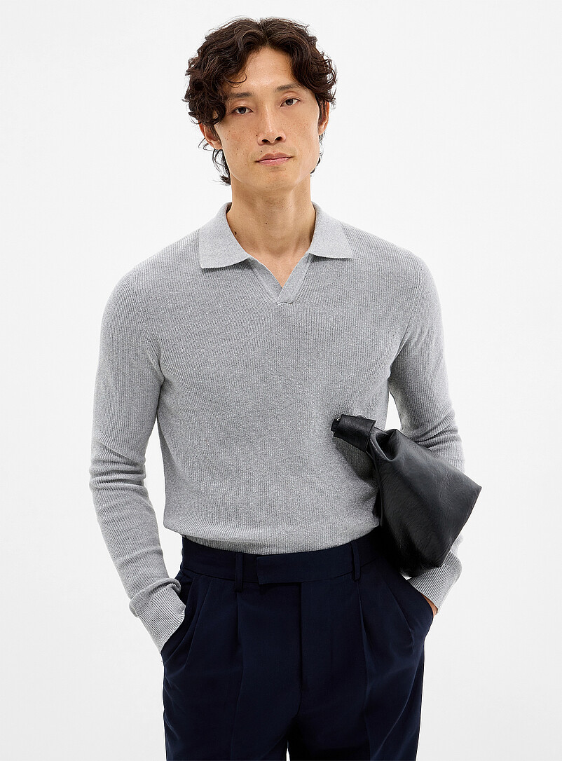 Rib-Knit Johnny-Collar Sweater
